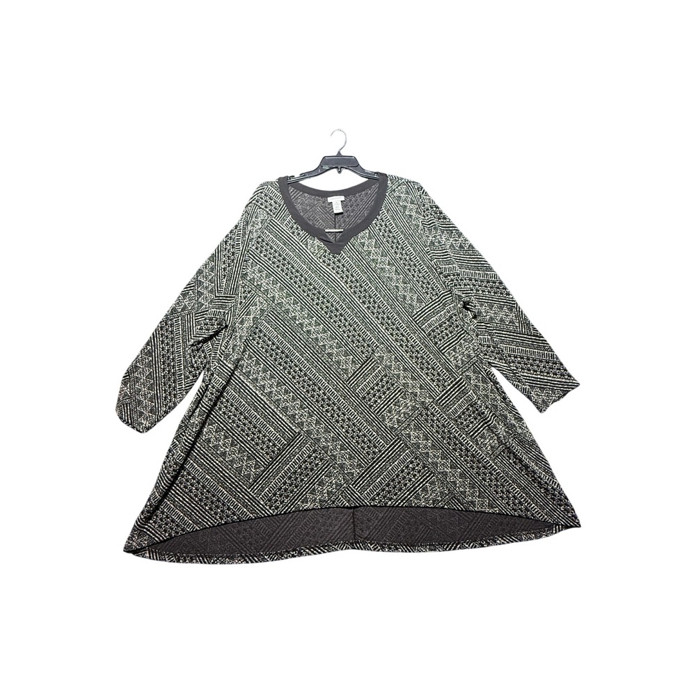 Catherines Tunic Top‎ Womens 5X Black Geometric Long Sleeve High Low V-Neck